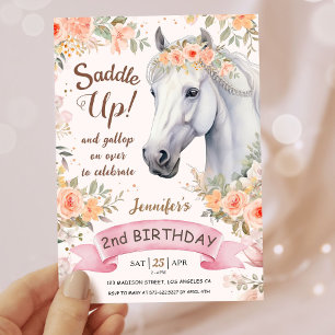 Convite Meninas Cavalo 2º Aniversário Rosa Floral Saddle U