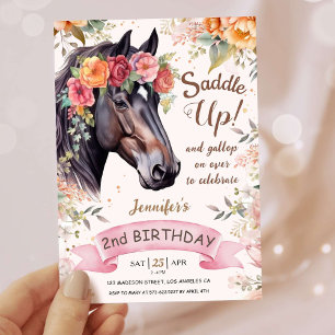 Convite Meninas Cavalo 2º Aniversário Rosa Sela Vaquero