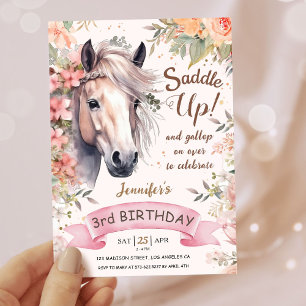 Convite Meninas Cavalo 3º Aniversário Floral Selvagem Sadd