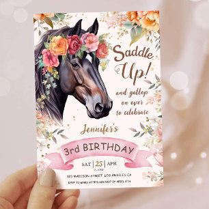 Convite Meninas Cavalo 3º Aniversário Sela Rosa Cowgirl