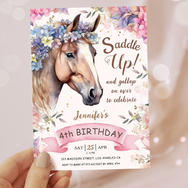 Convite Meninas Cavalo 4. Aniversário, Saddle Floral! (Criador carregado)