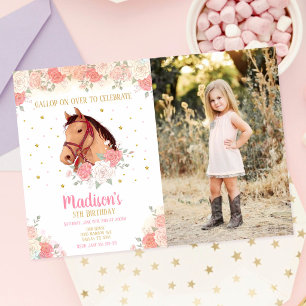 Convite Meninas Cavalo Aquarela Floral Foto Aniversário