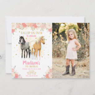 Convite Meninas Cavalo Pônei Aquarela Floral Foto Aniversá