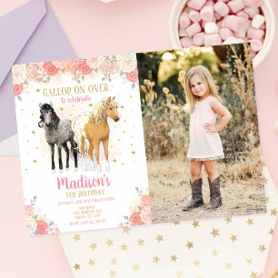 Convite Meninas Cavalo Pônei Aquarela Floral Foto Aniversá