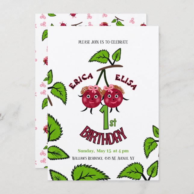 Convite Meninas cerejas gêmeas (Frente/Verso)