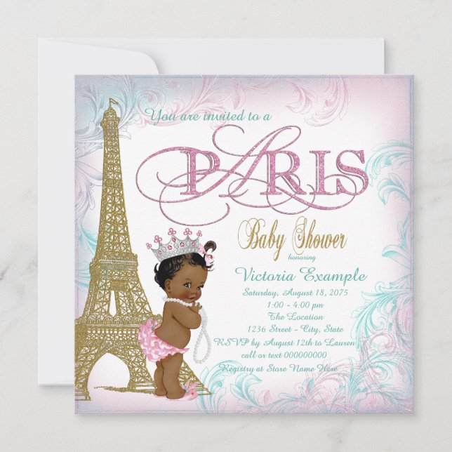 Convite Meninas Chá de Bebê Paris Rosa Dourado Turquesa Pé (Frente)