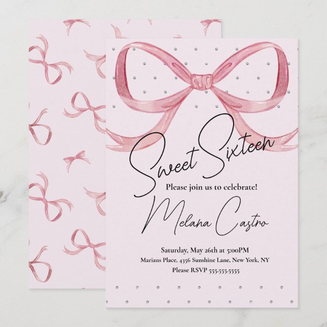 Convite Meninas com Laço Rosa Coquette Doce 16 Aniversário (Frente/Verso)