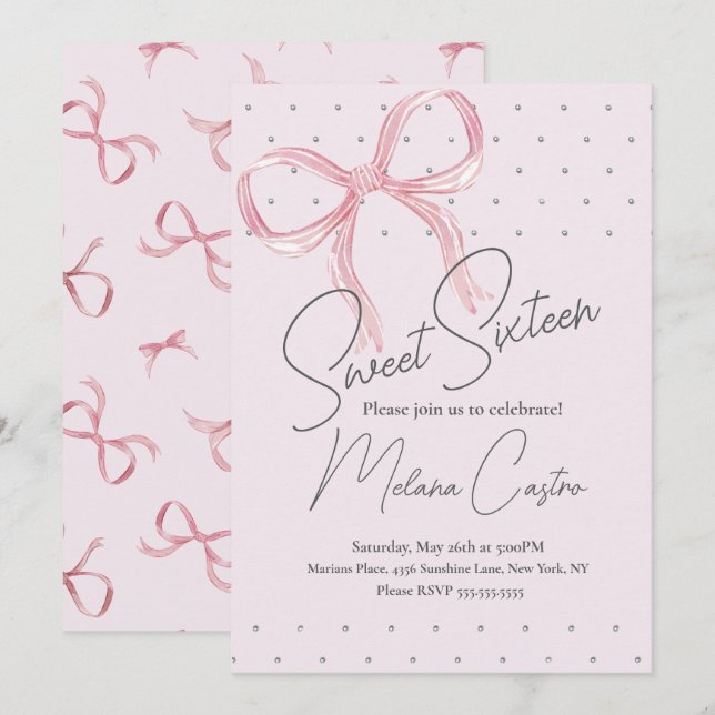 Convite Meninas com Laço Rosa Coquette Doce 16 Aniversário (Frente/Verso)