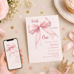 Convite Meninas com laço rosa querem ser uma no 1º Anivers