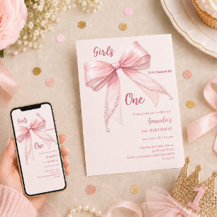 Convite Meninas com laço rosa querem ser uma no 1º Anivers