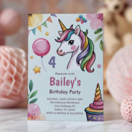 Convite Meninas Cute Pastel Unicorn Crianças 4º Aniversári