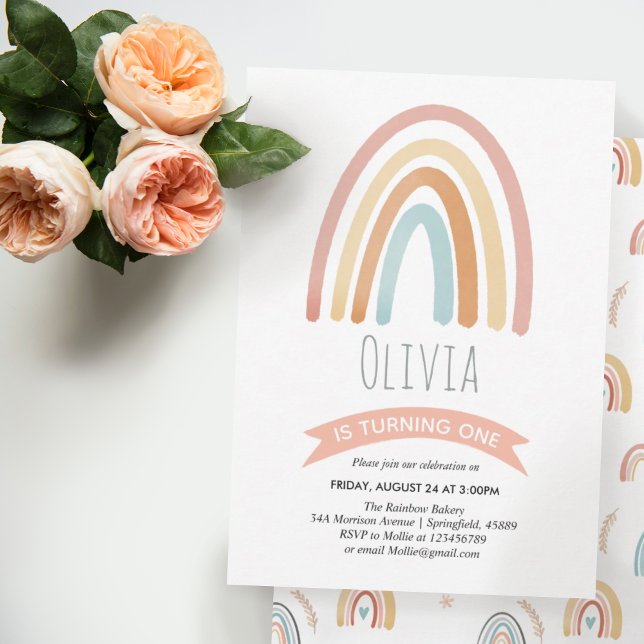 Convite Meninas Cute Pink Boho Rainbow Primeiro Aniversári (Criador carregado)