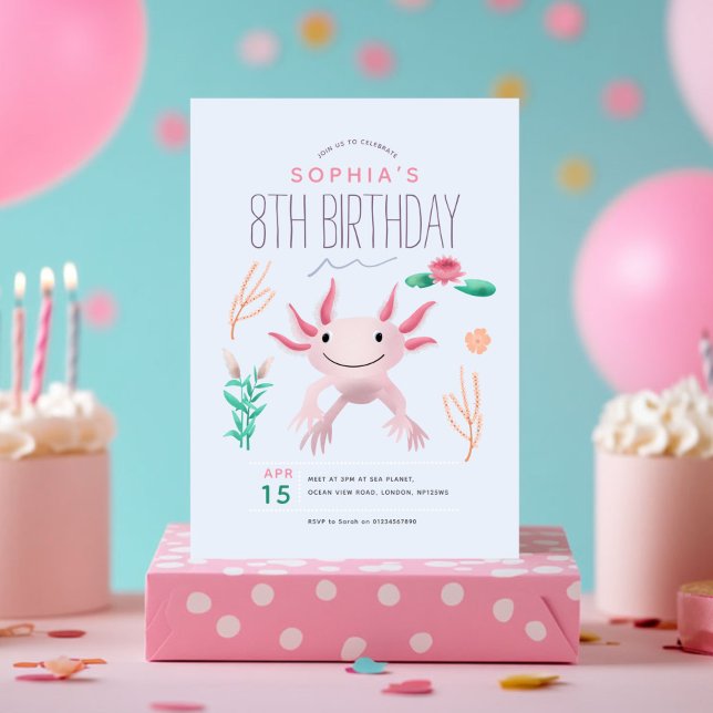 Convite Meninas Cute Pink Kawaii Axolotl 8º Aniversário (Criador carregado)
