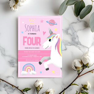 Convite Meninas Cute Pink Unicorn Crianças Rosa 4º Anivers