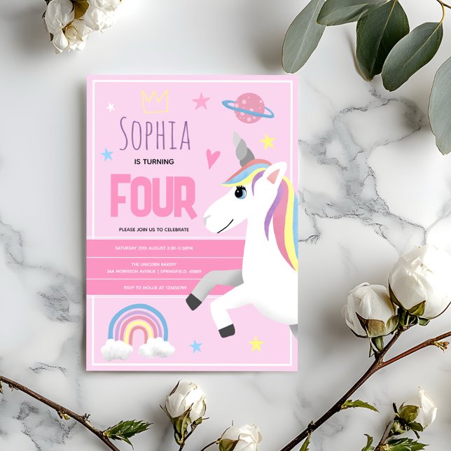 Convite Meninas Cute Pink Unicorn Crianças Rosa 4º Anivers (Criador carregado)