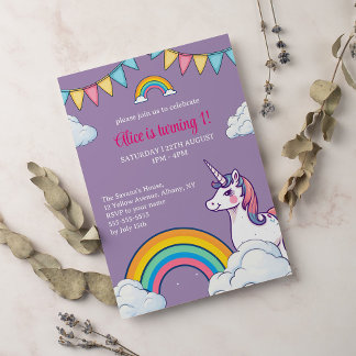 Convite Meninas Cute Purple Unicorn Crianças Primeiro Aniv
