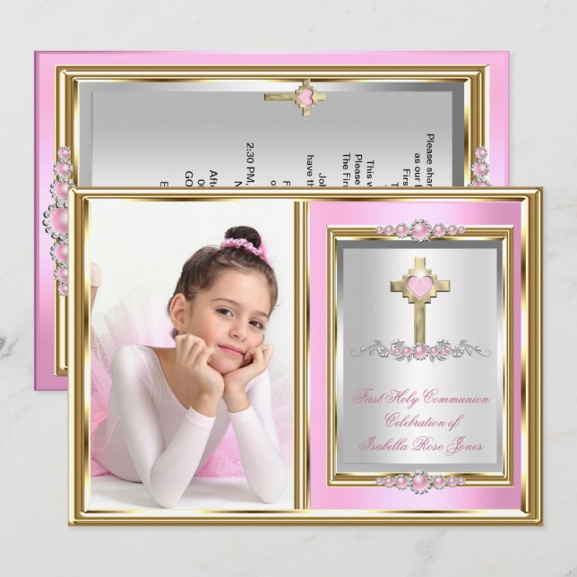 Convite Meninas da Primeira Comunhão Rosa Pérola Foto (Frente/Verso)