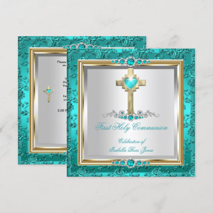 Convite Meninas da Primeira Comunhão Teal Jade Pérola Rosa