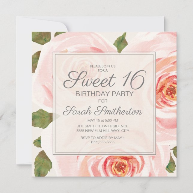 Convite Meninas de 16 Anos de Rosa Floral Coradas (Frente)