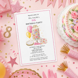 Convite Meninas de 8 anos Bolo de Aniversário Floral e Bal