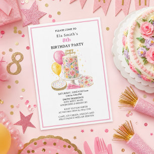 Convite Meninas de 8 anos Bolo de Aniversário Floral e Bal