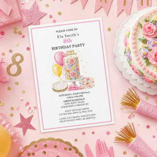 Convite Meninas de 8 anos Bolo de Aniversário Floral e Bal