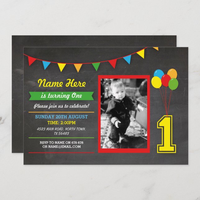 Convite Meninas de Aniversário de Cores Primárias 1rua Uma (Frente/Verso)