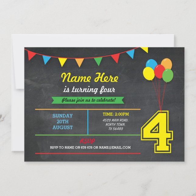 Convite Meninas de Aniversário de Cores Primárias 4th Quat (Frente)