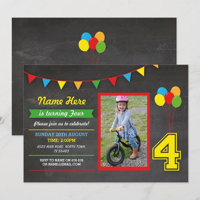 Convite Meninas de Aniversário de Cores Primárias Foto 4 (Frente/Verso)