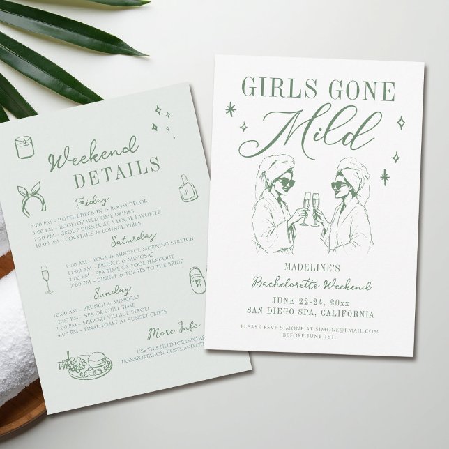 Convite Meninas de Bachelorette se foram para a Itinerária (girls gone mild invitation bachelorette weekend itinerary sage green spa hand drawn)