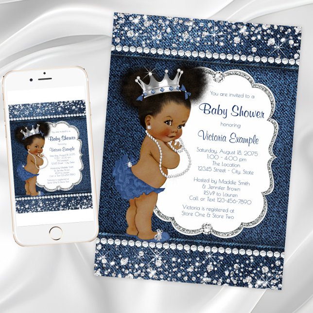 Convite Meninas de Diamante de Jeans Chuvada de Bebê Afro- (Denim and diamonds baby shower invitation. Instant download and printed invitations available.)
