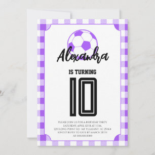 Convite Meninas de Futebol em Xadrez Roxo Aniversário