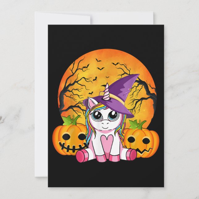Convite Meninas de Halloween Fofas Unicórnio Bruxo Hallowe (Frente)