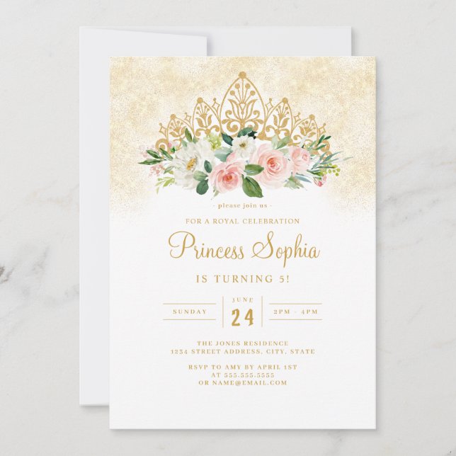 Convite Meninas de Ouro Rosa Tiara Floral Princesa Anivers (Frente)