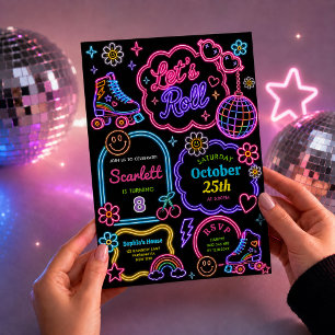 Convite Meninas de Patins Rainbow Neon Glow Aniversário