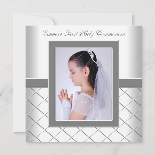 Convite Meninas de Primeira Comunhão Foto Prata Branco (Frente)