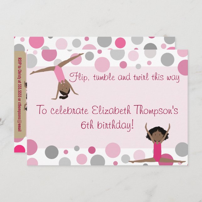 Convite Meninas do cabelo escuro do partido da ginástica (Frente/Verso)