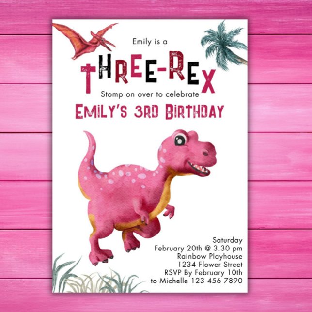 Convite Meninas do Three-Rex 3º Aniversário Dinossauro Ros (Criador carregado)