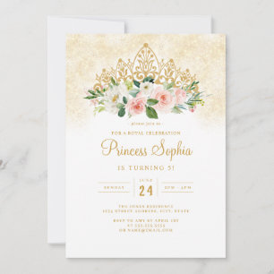 Convite Meninas Douradas rosa Princesa Floral Tiara Aniver