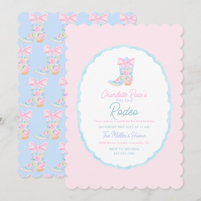 Convite Meninas Elegantes Caubói Primeiro Rodeio Aniversár (Frente/Verso)