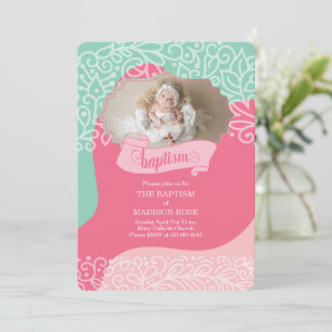 Convite Meninas em Rosa e Verde Mar com Foto Batismo