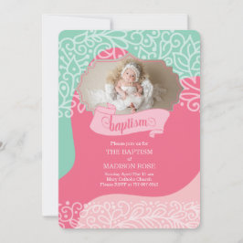 Convite Meninas em Rosa e Verde Mar com Foto Batismo