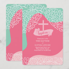 Convite Meninas em Rosa e Verde marinho com Batismo Cruzad