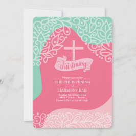 Convite Meninas em rosa e verde marinho com cruz