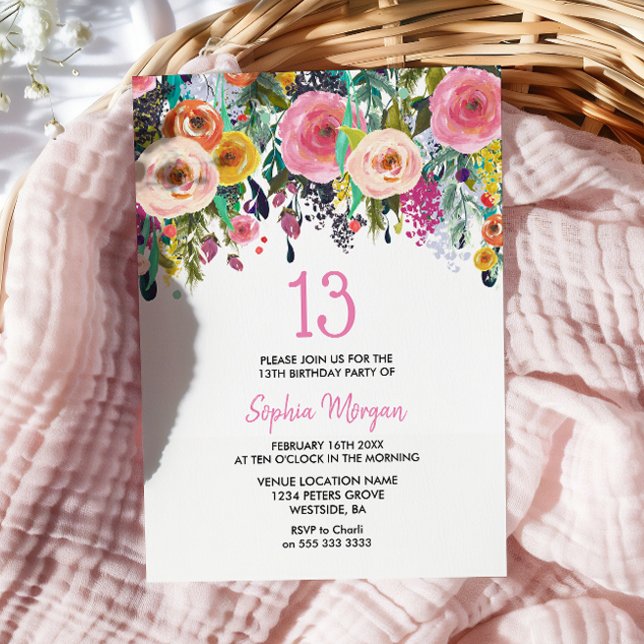 Convite Meninas Festa de aniversário Convidam Flores Rosa- (Criador carregado)