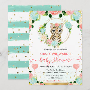 Convite Meninas Floral Bebê Tigre Chá de Bebê