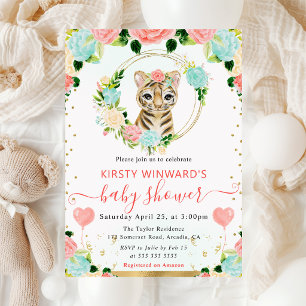 Convite Meninas Floral Bebê Tigre Chá de Bebê