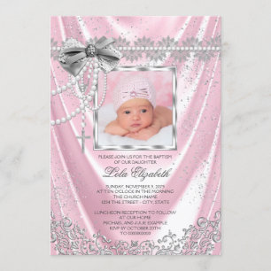 Convite Meninas Foto Batismo Batizado Rosa Cetim Lantejoul