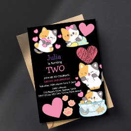 Convite Meninas gatinhos bonitas segundo aniversário preto