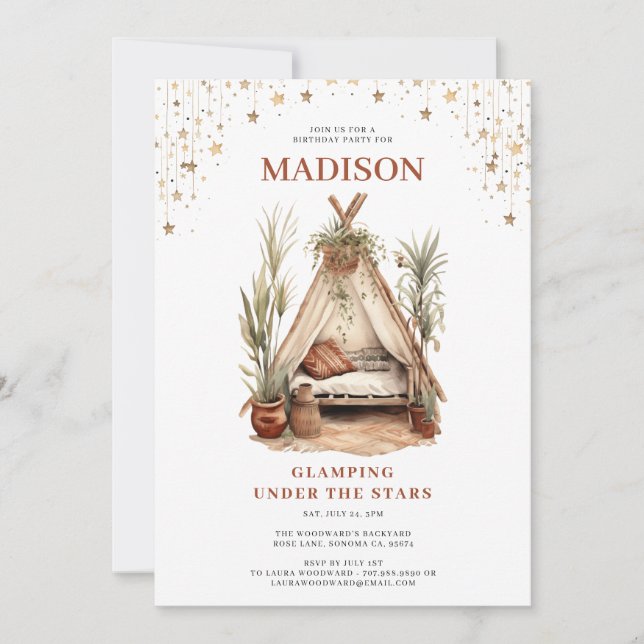 Convite Meninas Glamping Festa de aniversário Sob As Estre (Frente)
